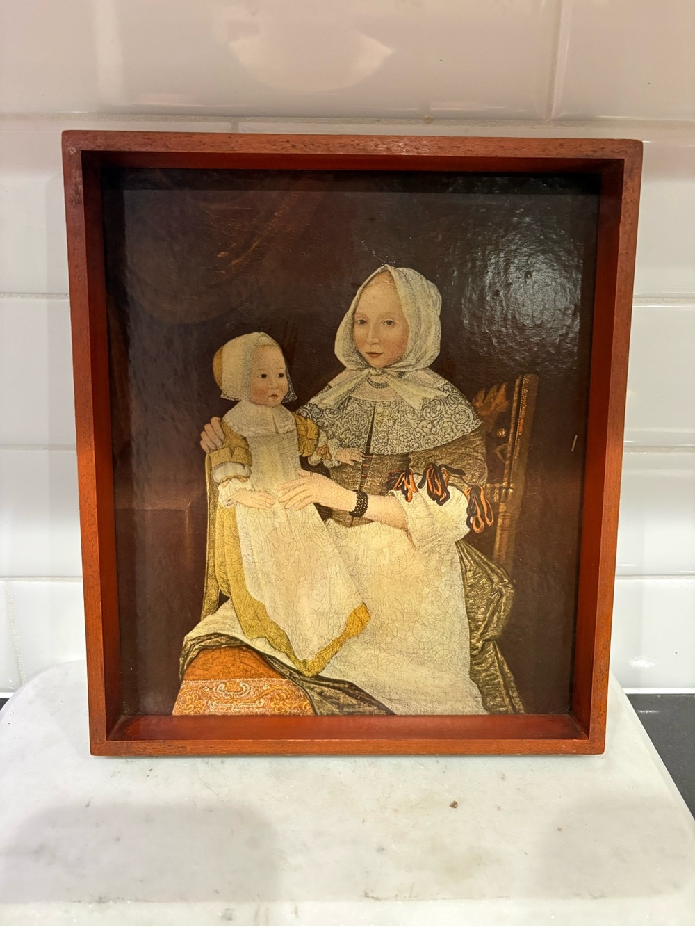 Framed Vintage Mother and Child Artwork in Brown Wood Frame